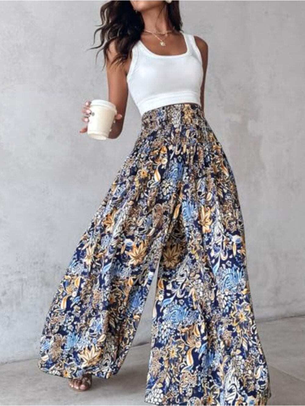 Boho Floral Shirred High Waisted Wide Leg Palazzo Pants Flowy Summer Beach - Picture 5 of 6